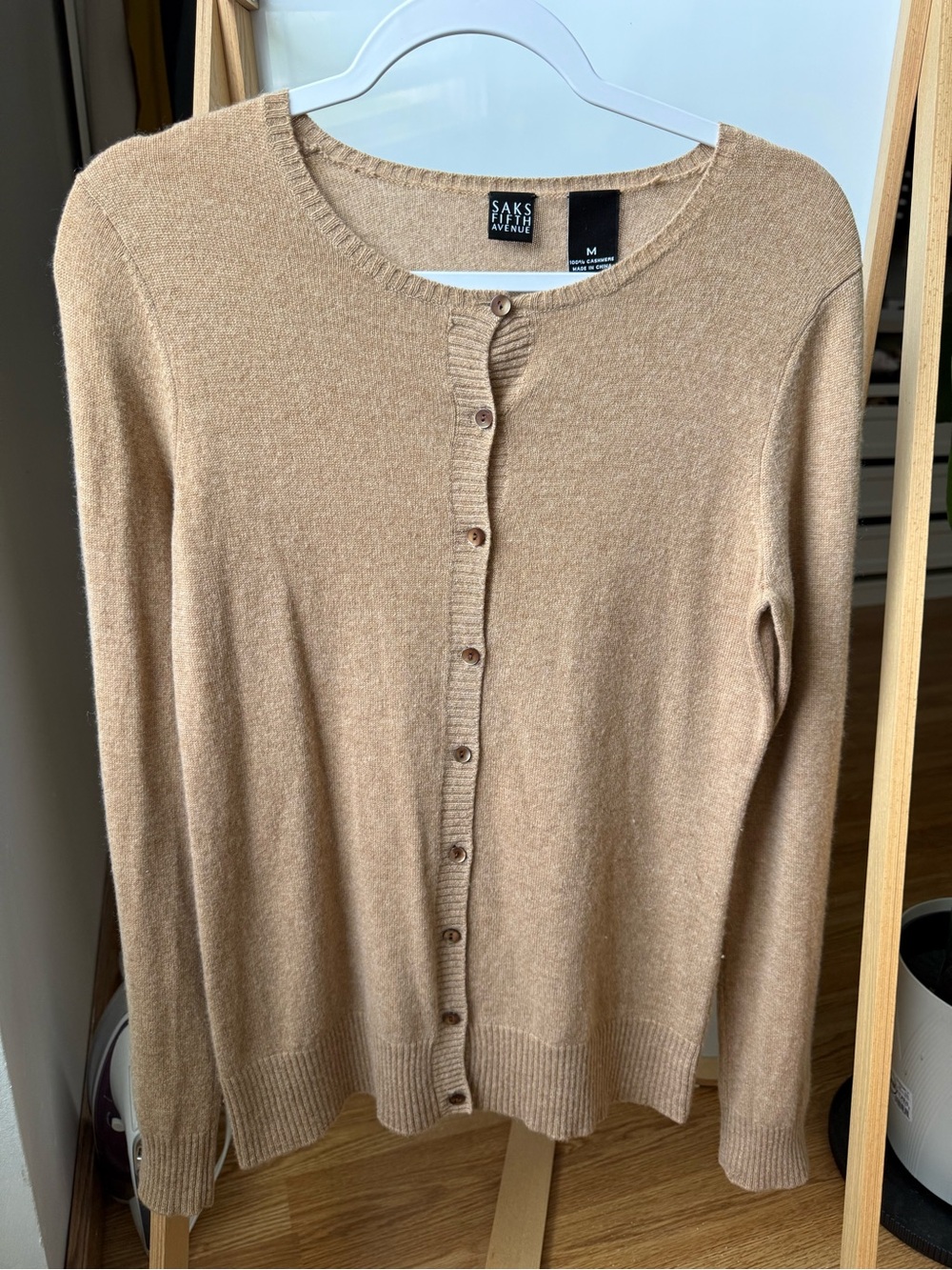 Saks Fifth Avenue Camel/Tan Button-Front Cashmere Blend Cardigan